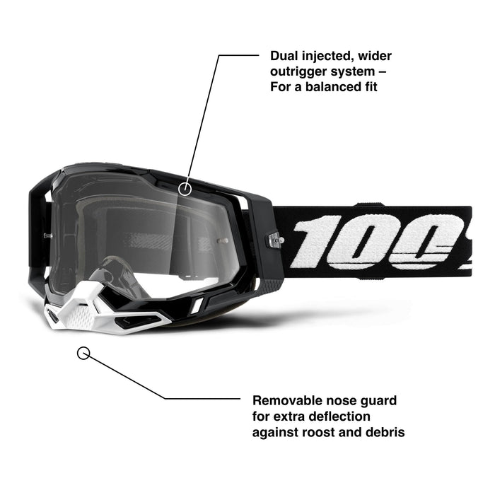 100% Racecraft 2 Goggles - Mountain Bike & Motocross Goggles - Eyewear for Motocross & Mountain Biking - Black, Clear Lens