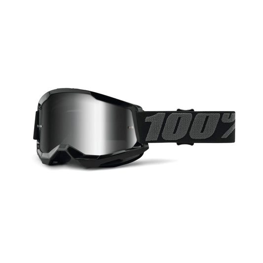 100% Strata 2 Motocross & Mountain Bike Goggles - MX and MTB Racing Protective Eyewear (Black - Mirror Silver Lens)